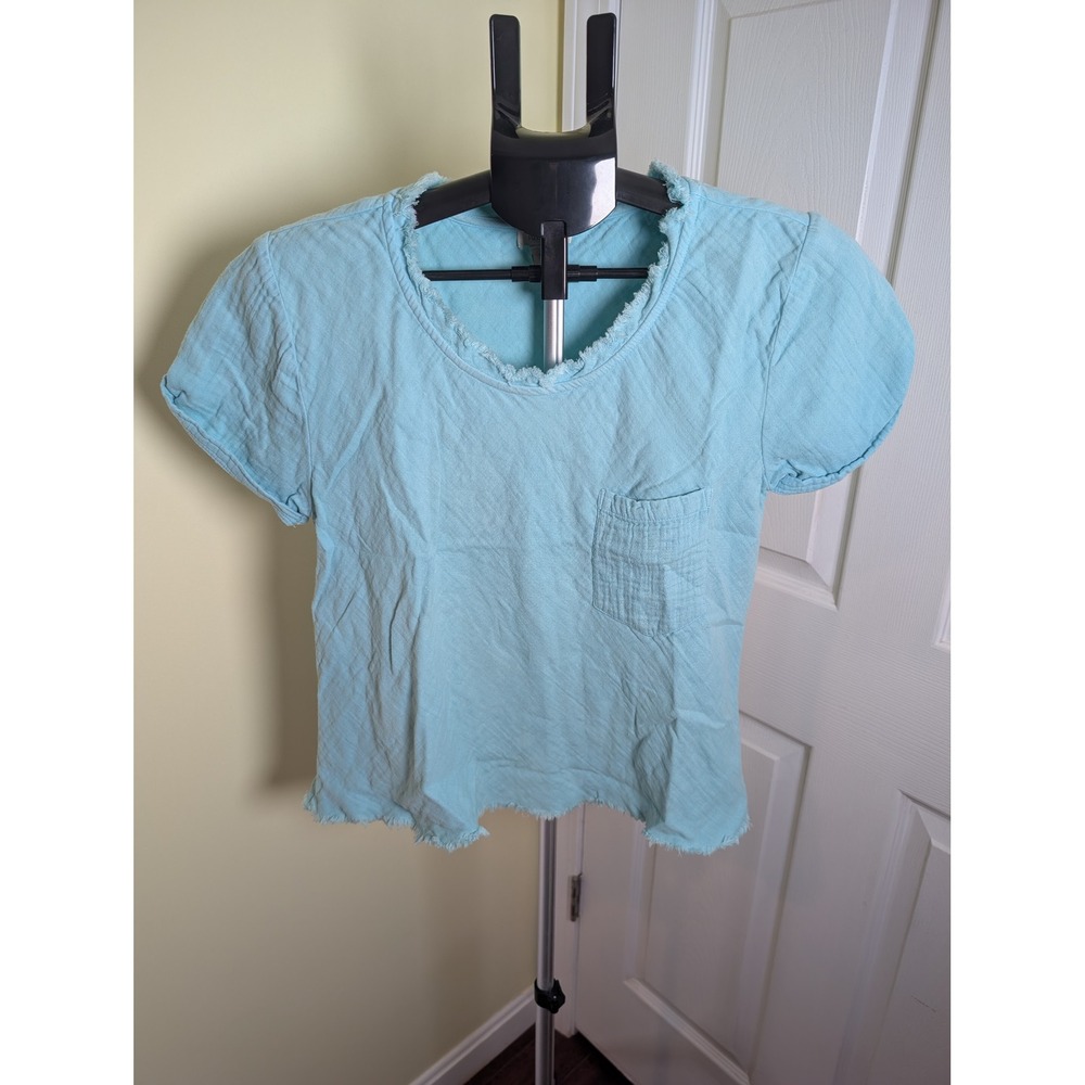 Sundance Pocket Top Womens XS Blue Cotton Raw Frayed Edge Short Sleeve Boho